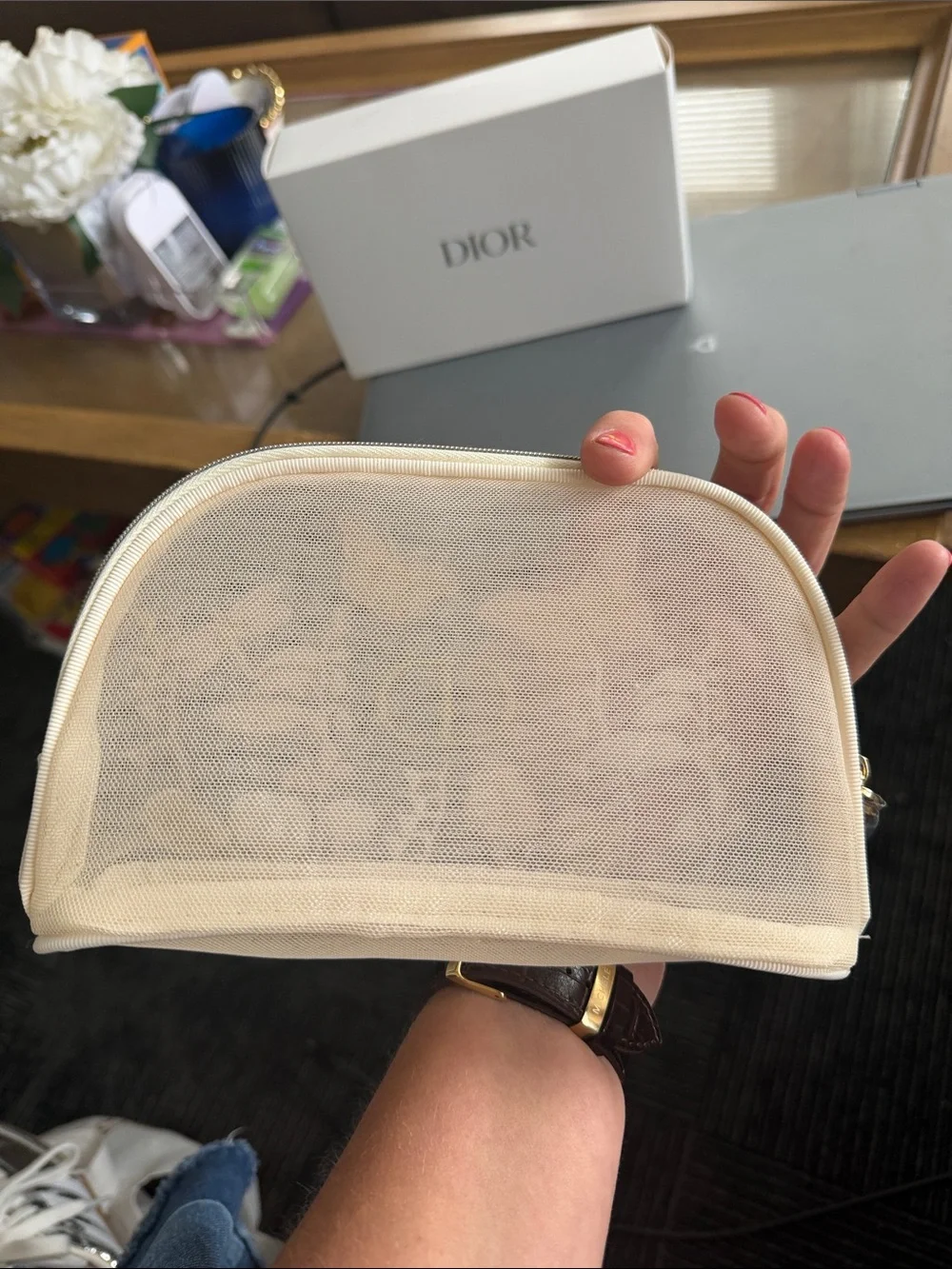 Dior Beige Floral & Butterfly Embroidered Cosmetic Pouch and gift box
